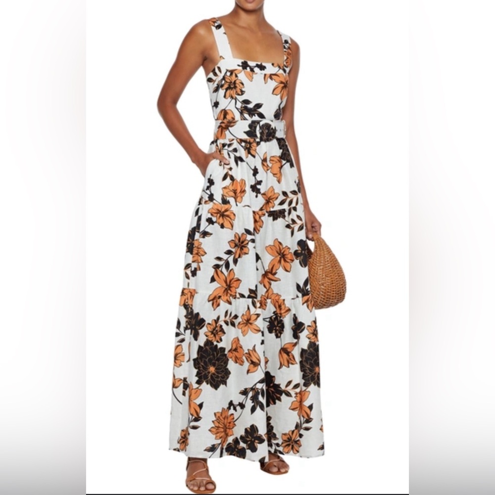 Nicholas Linen Floral Tiered Maxi Dress Size 0 Sepia Brown White Pockets - Picture 5 of 16